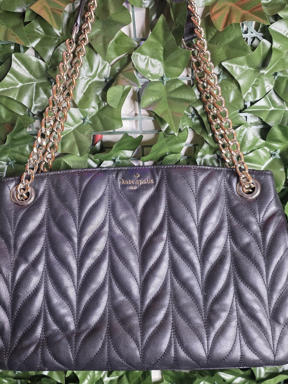 kate spade Quilted Black Shoulder Bag with Gold Chain Straps